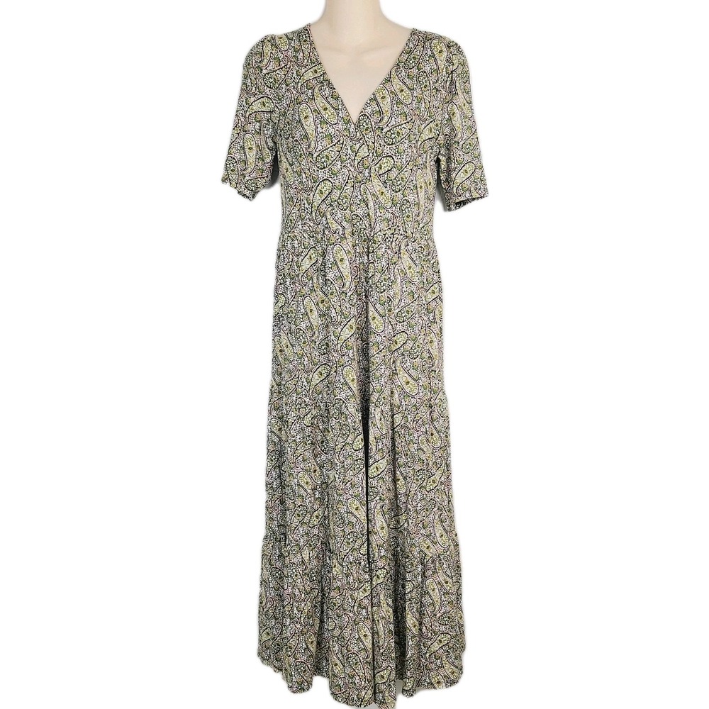 Boden‎ Maxi Dress Jersey Knit Surplice Green Yellow Paisley Tiered 4 Boho Chic